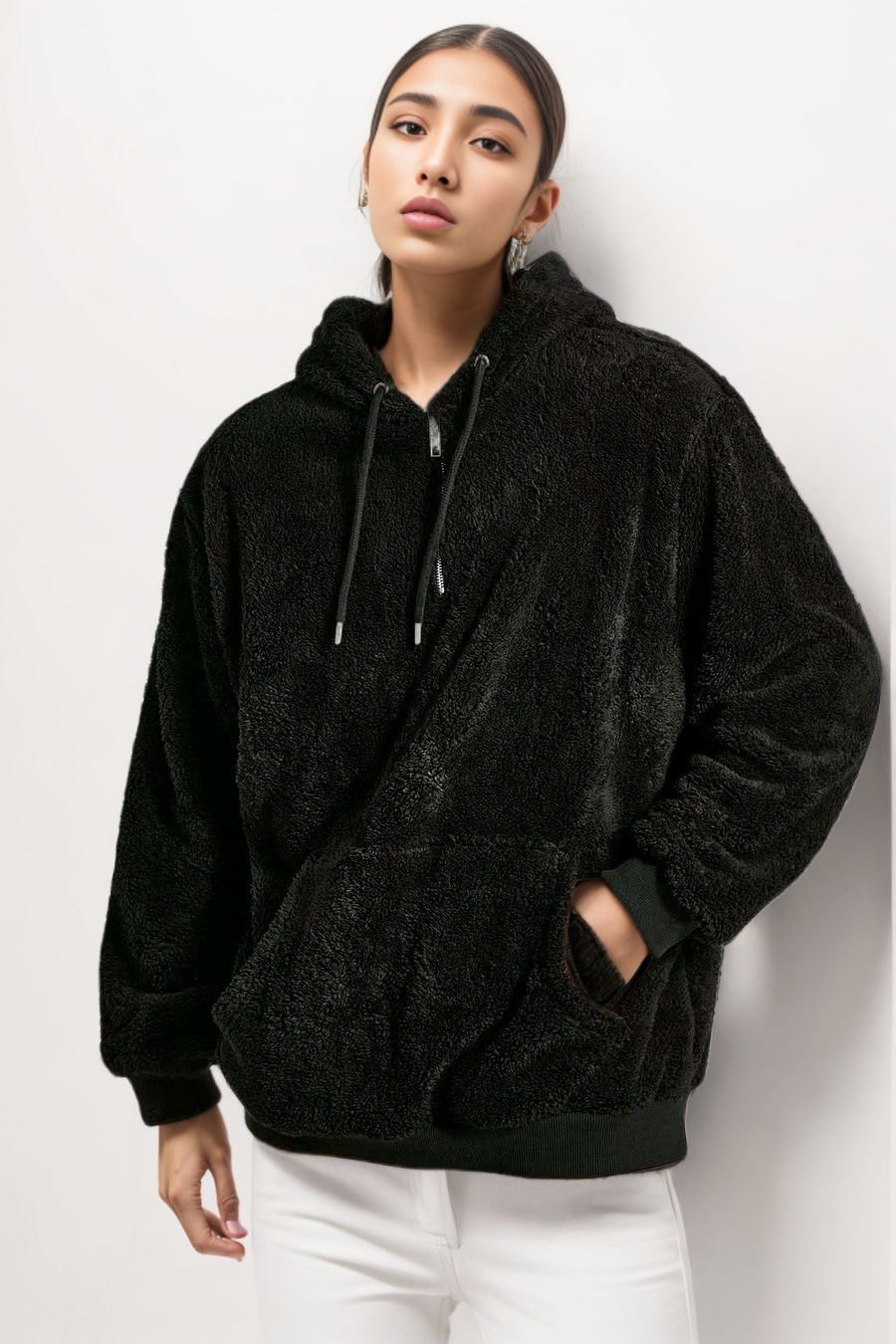 Basic Sherpa brown hoodie half zipper