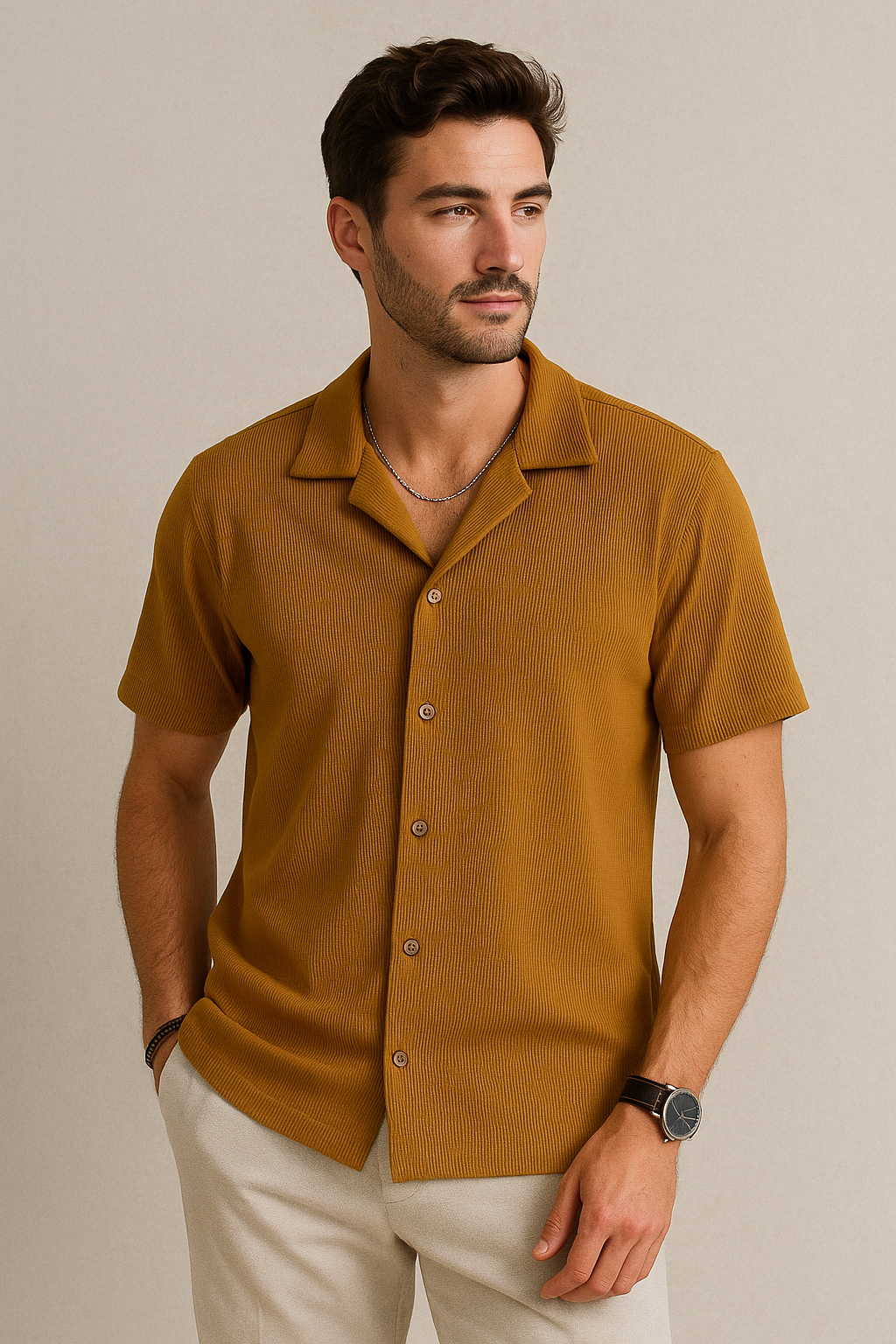 half sleeved cord white shirt
