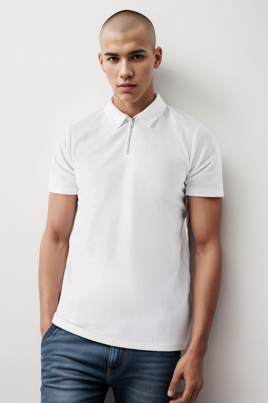 basic polo white half zipper t-shirt