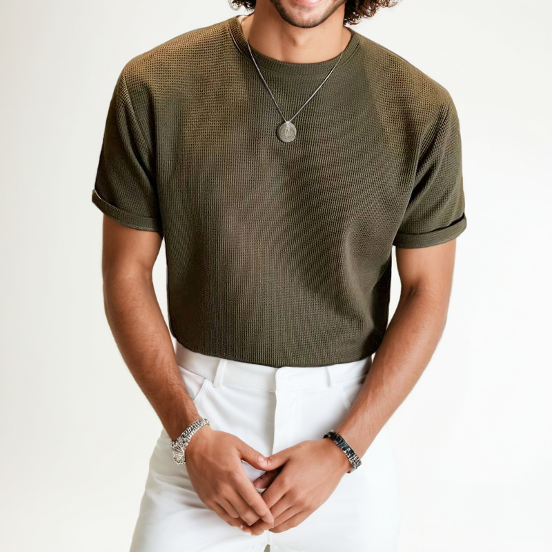 rounded pinned khaki t-shirt