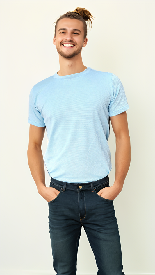 rounded pinned blue t-shirt