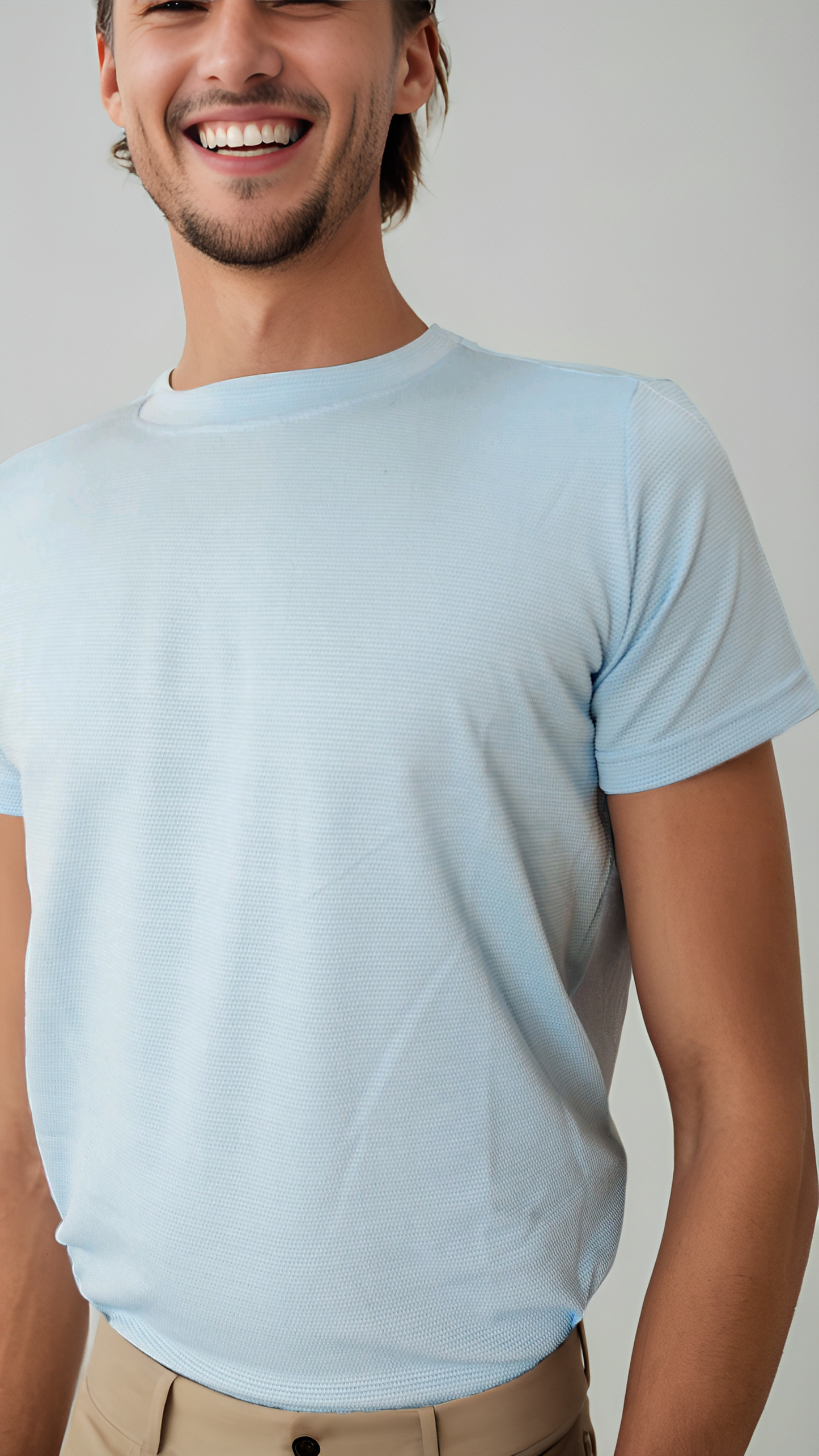 rounded pinned blue t-shirt