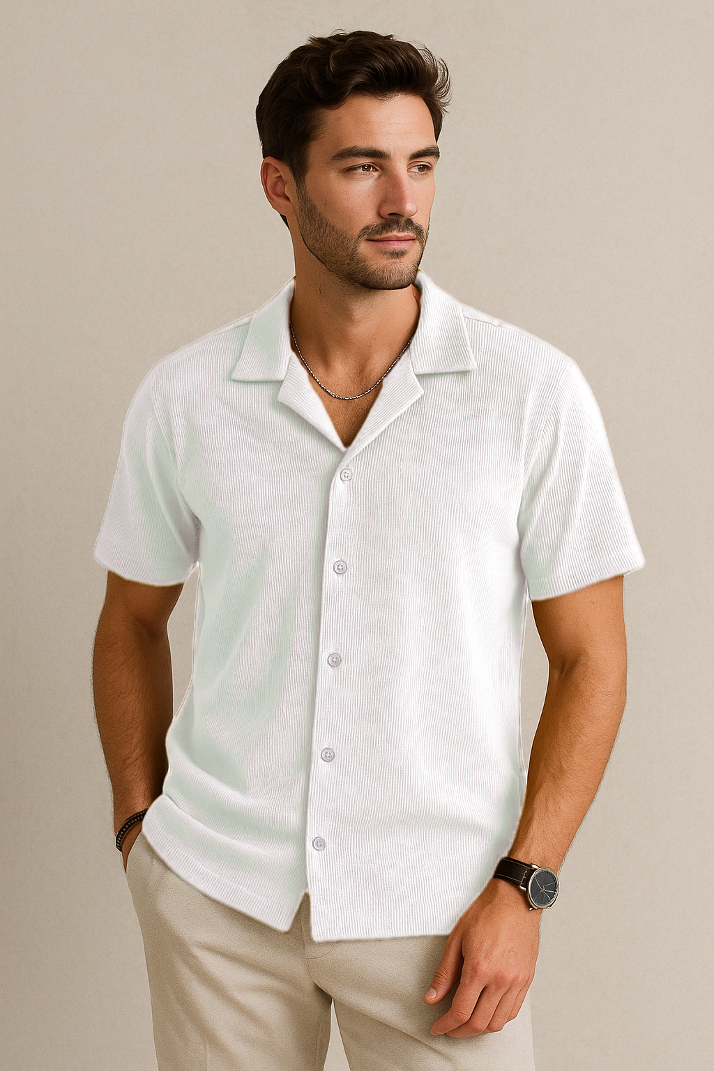 half sleeved cord white shirt