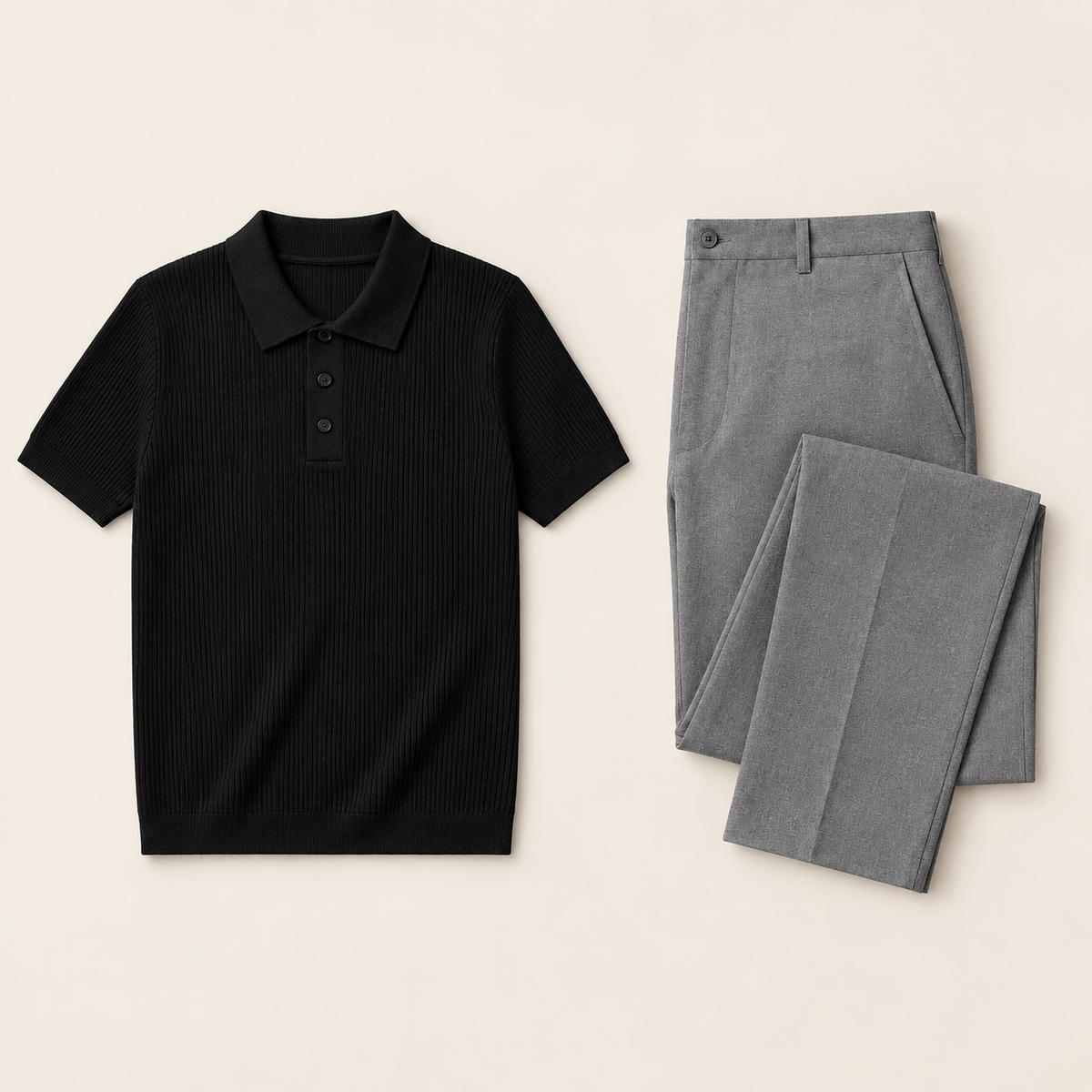 Black Ribline polo with Gray Slim Fit pants bundle