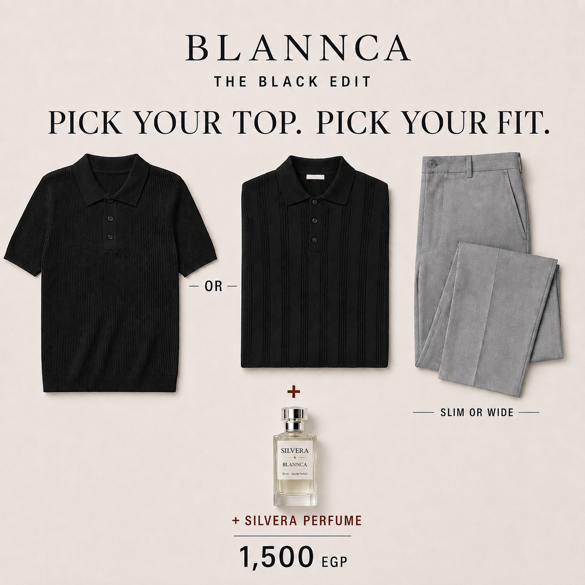 The Black Edit bundle with Ribline or Verano black polo, classic pants, and Silvera perfume