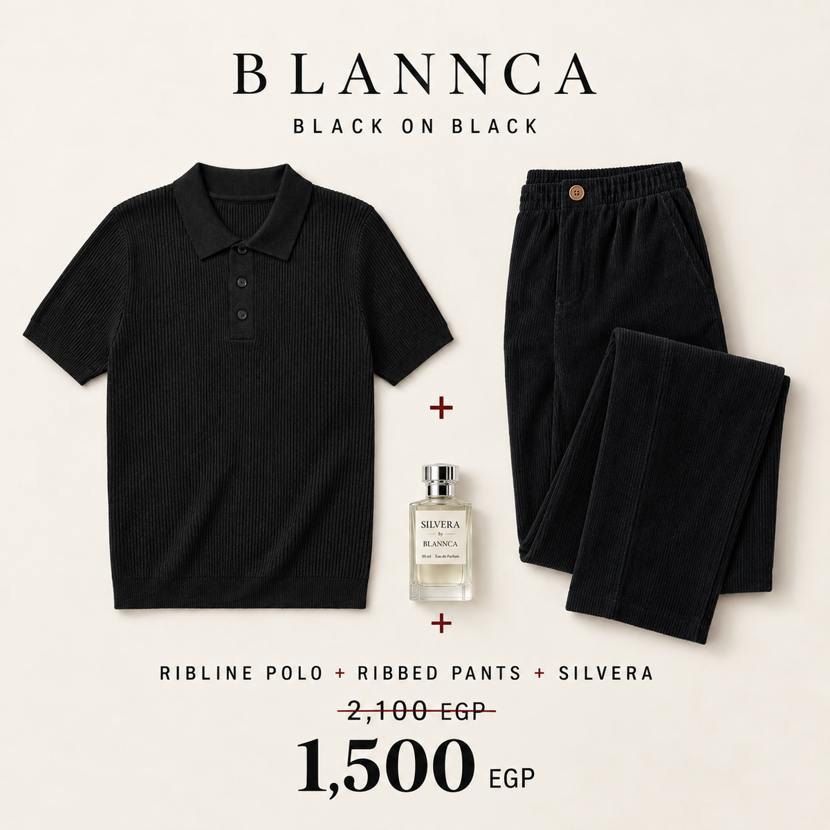Black on Black bundle: black Ribline polo, black ribbed pants, and Silvera perfume