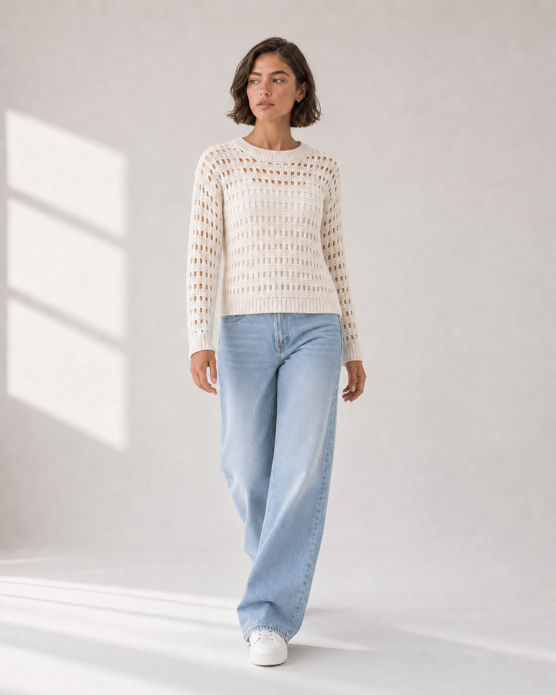Blannca Breezaya ivory knitted top model in motion