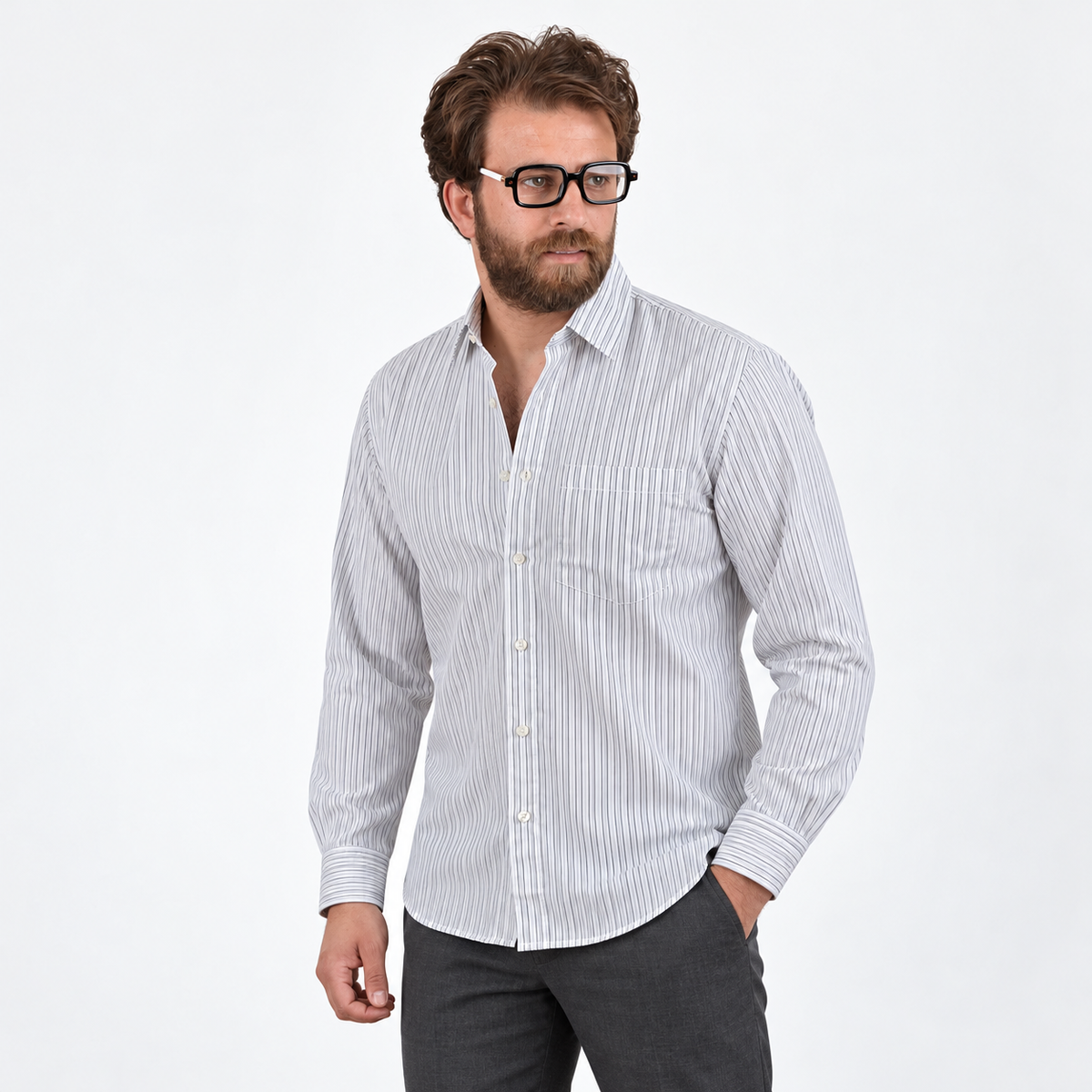 Silver Pinstripe Shirt — model