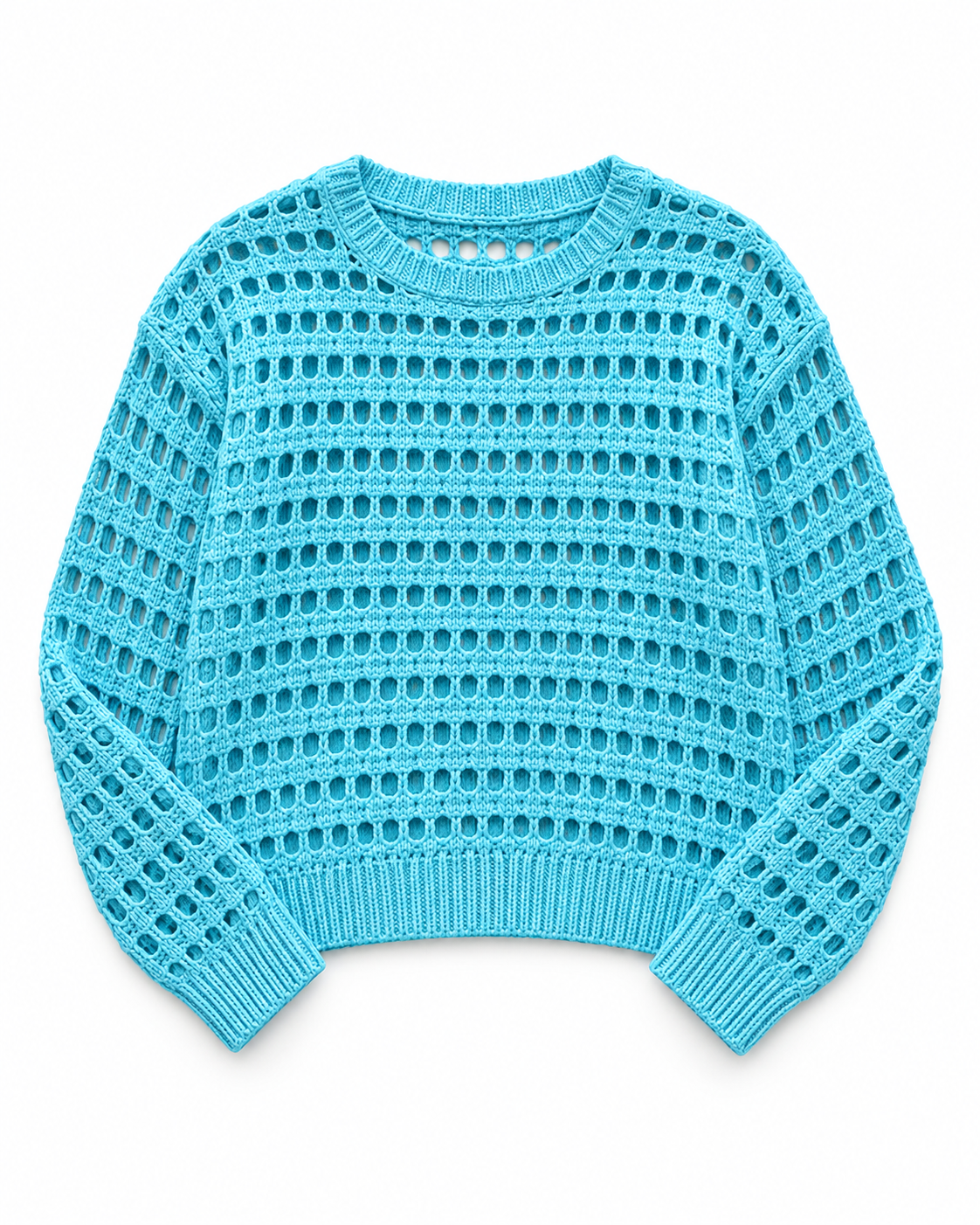 Breezaya aqua blue open-knit sweater flat lay