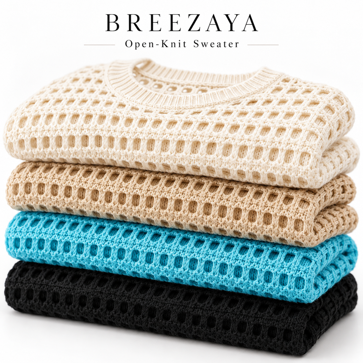 Breezaya four-color open-knit sweater stack close-up