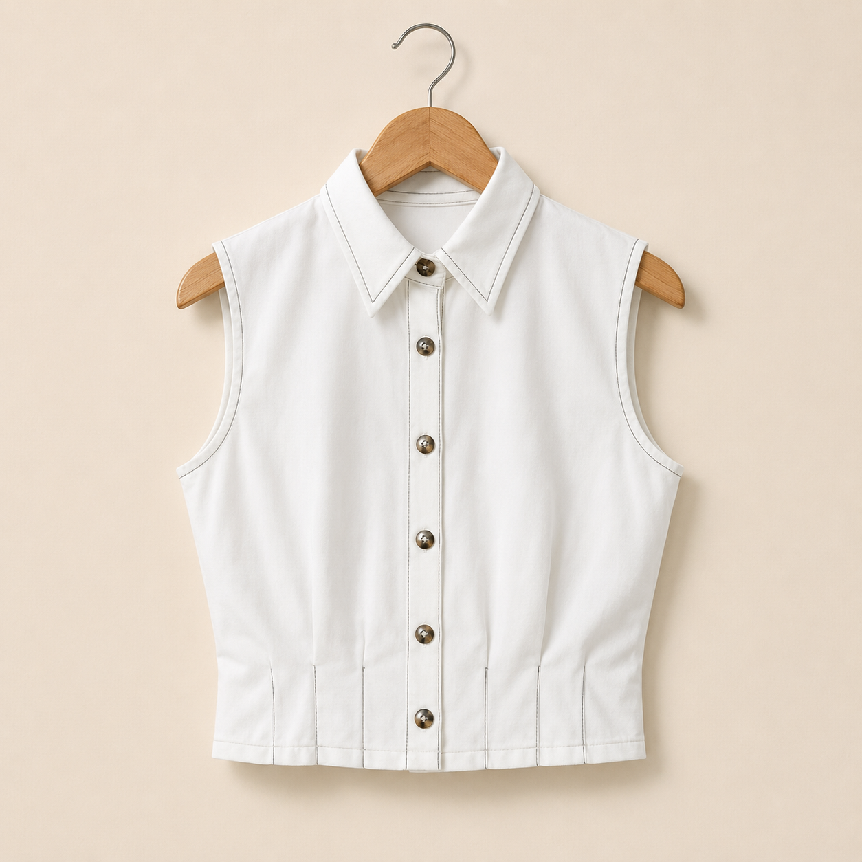 Cleo white contrast-stitch sleeveless top on wooden hanger