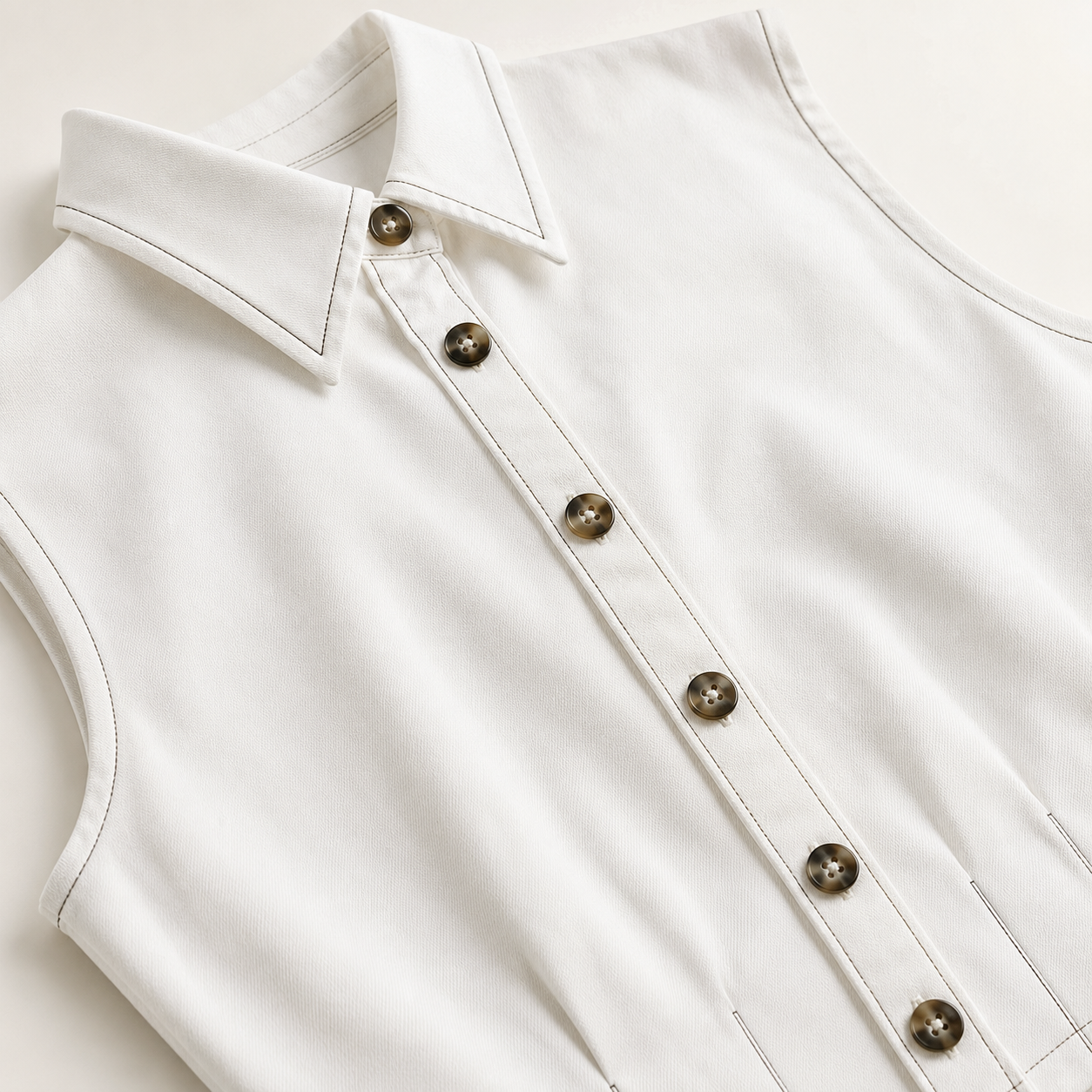 Cleo white top contrast stitching and tortoiseshell button detail