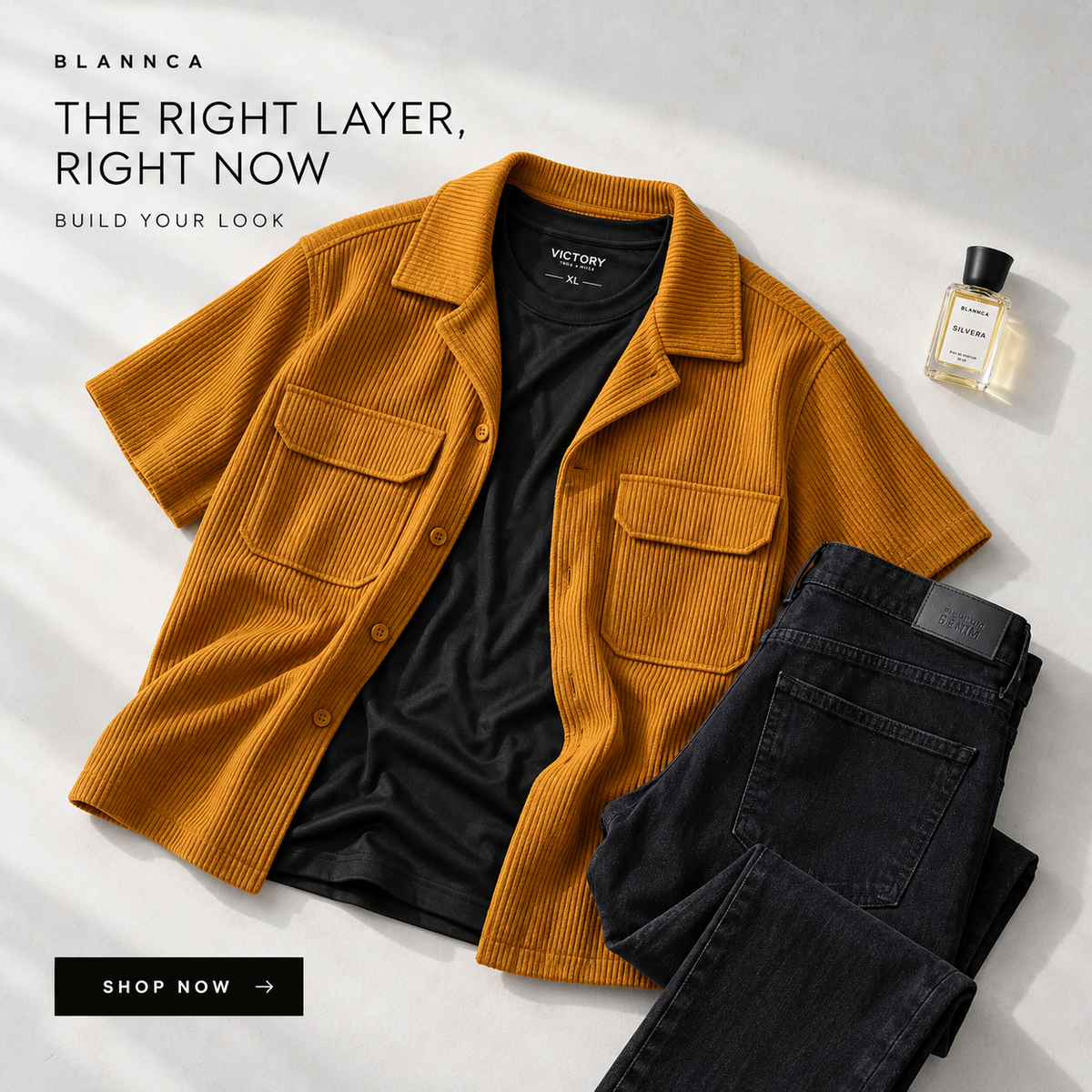 Café cord, black Victory and black denim look