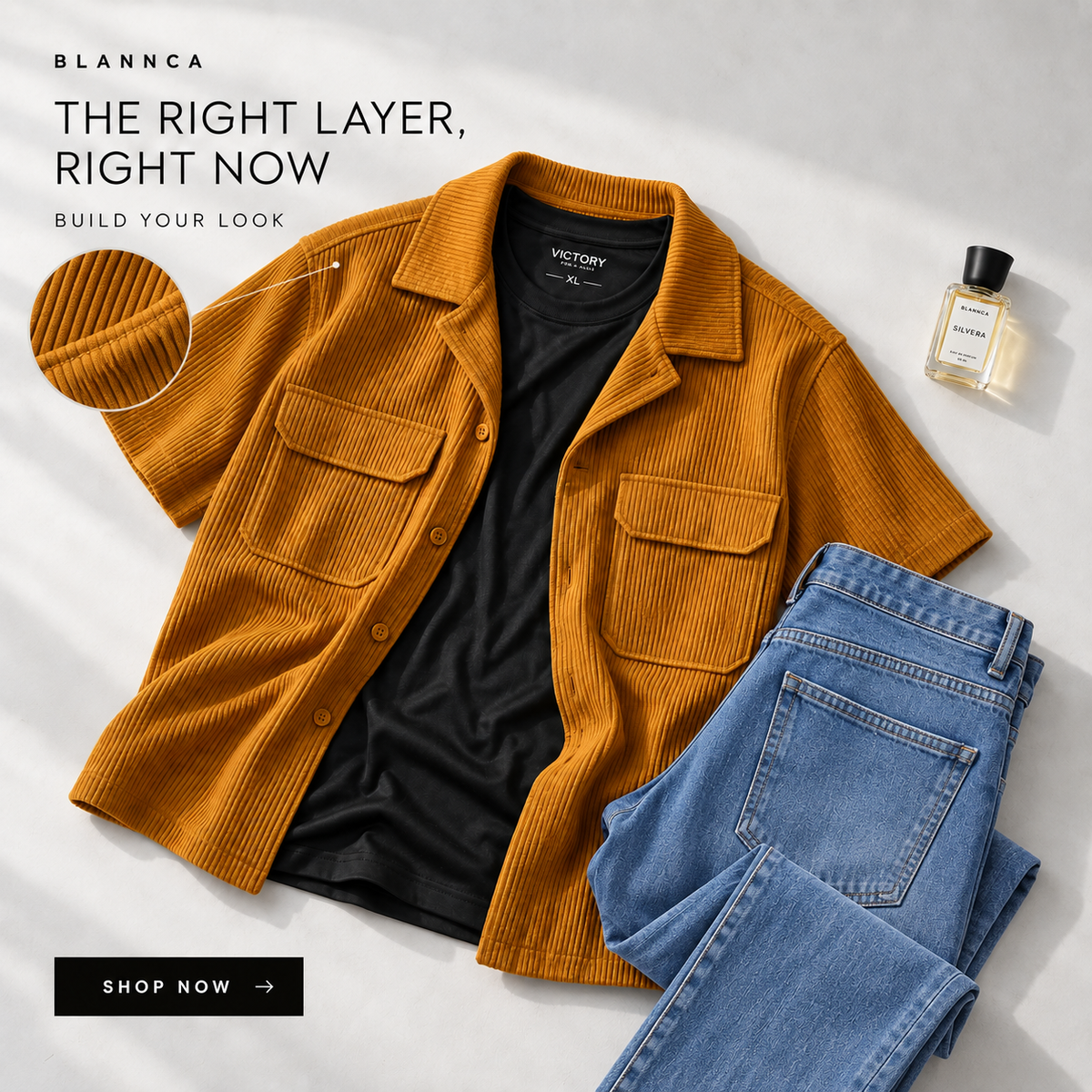 Café cord, black Victory and light blue denim look
