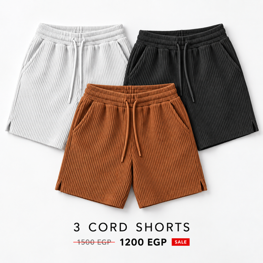 Flat lay 3 Cord Shorts — White, Black and Orange Café — 1200 EGP