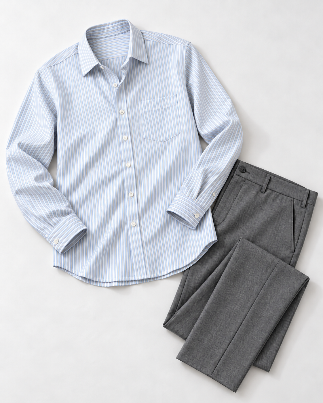 Fine stripe shirt and gray pants — approved flat lay