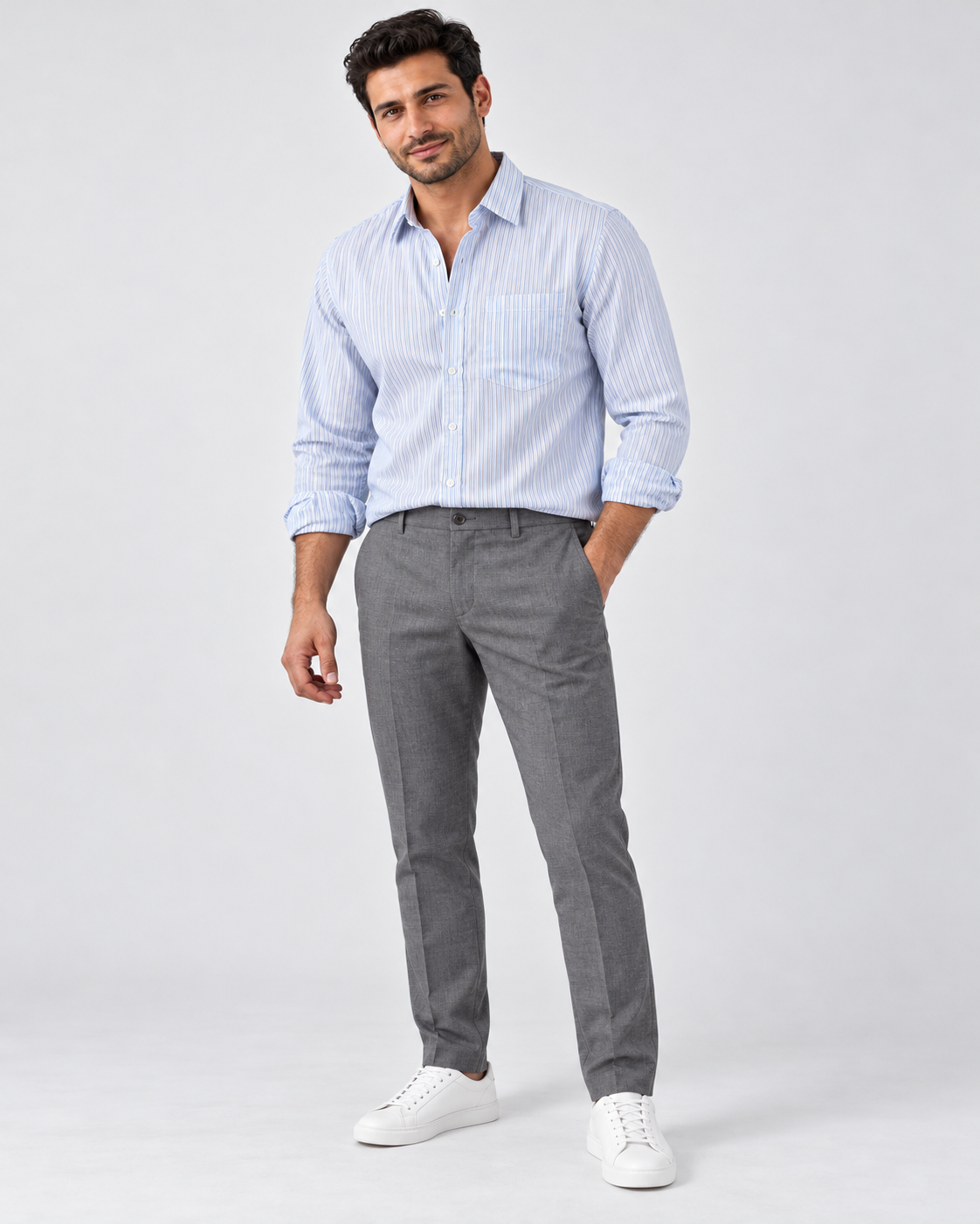 Fine stripe shirt and gray pants — complete look on model