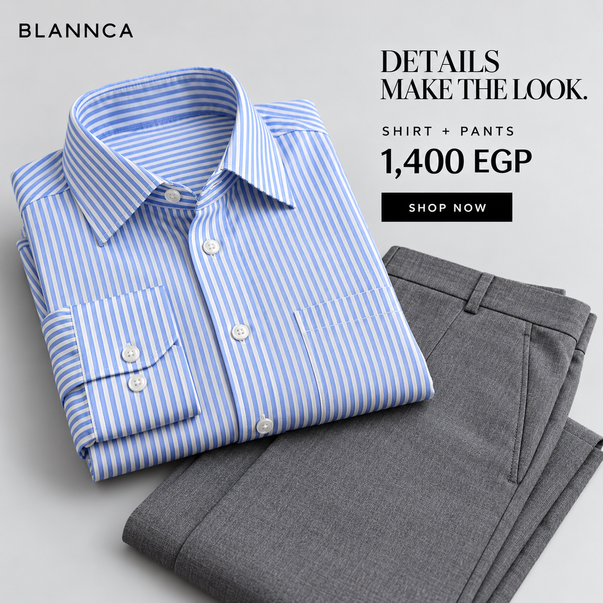Striped shirt and gray pants detail
