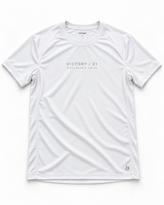 Victory 01 white performance T-shirt front on pure white background