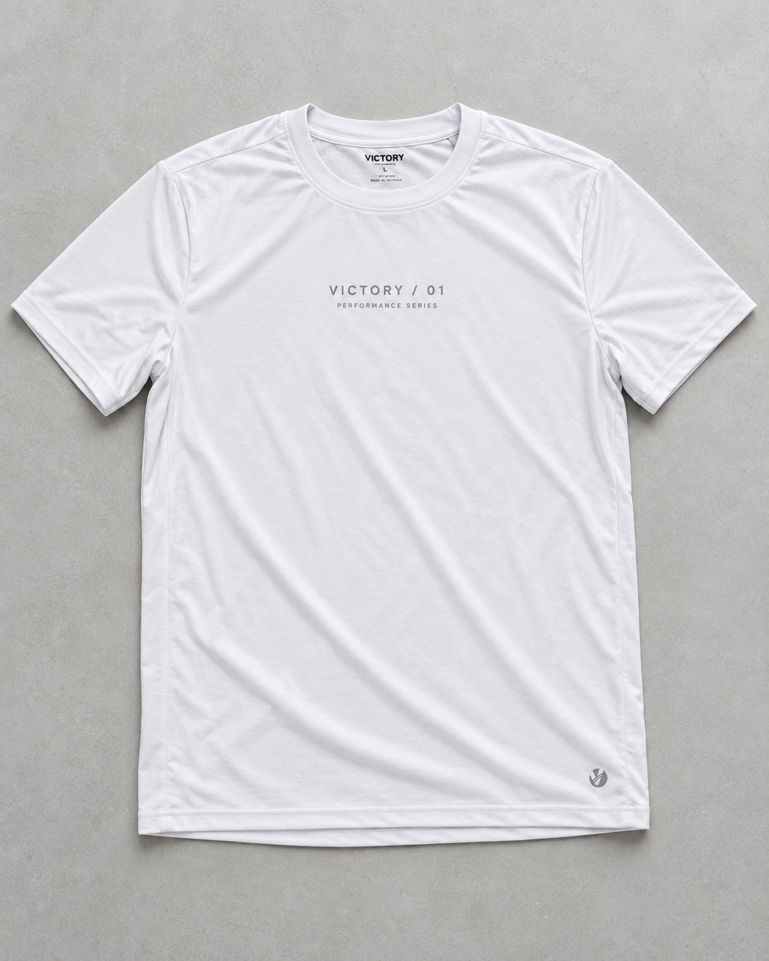 Victory 01 white performance T-shirt front flat lay