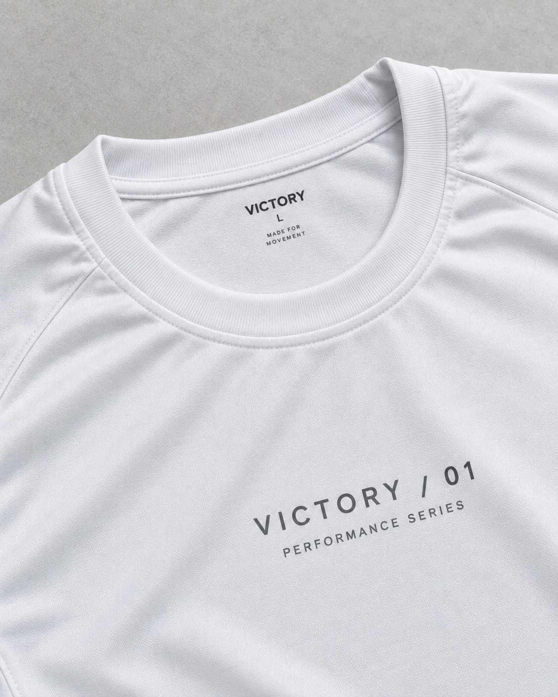 Victory 01 white performance T-shirt neckline and fabric detail