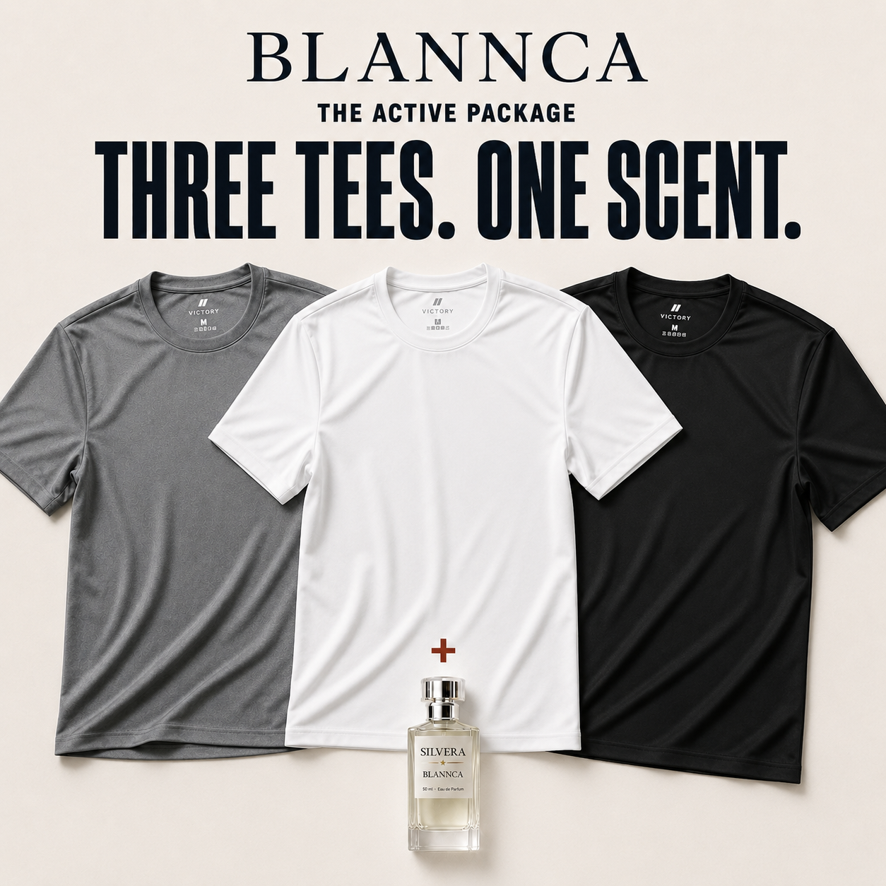 Victory Basic Grey White and Black performance T-shirts with free Silvera perfume