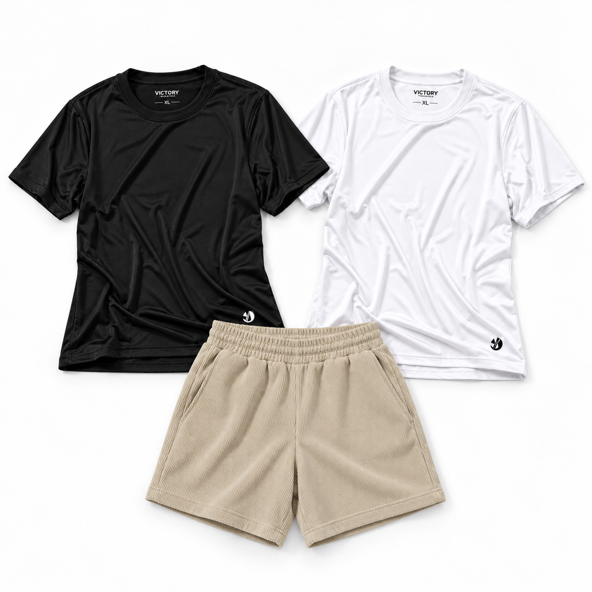 Two Victory Basic tees with one beige cord short