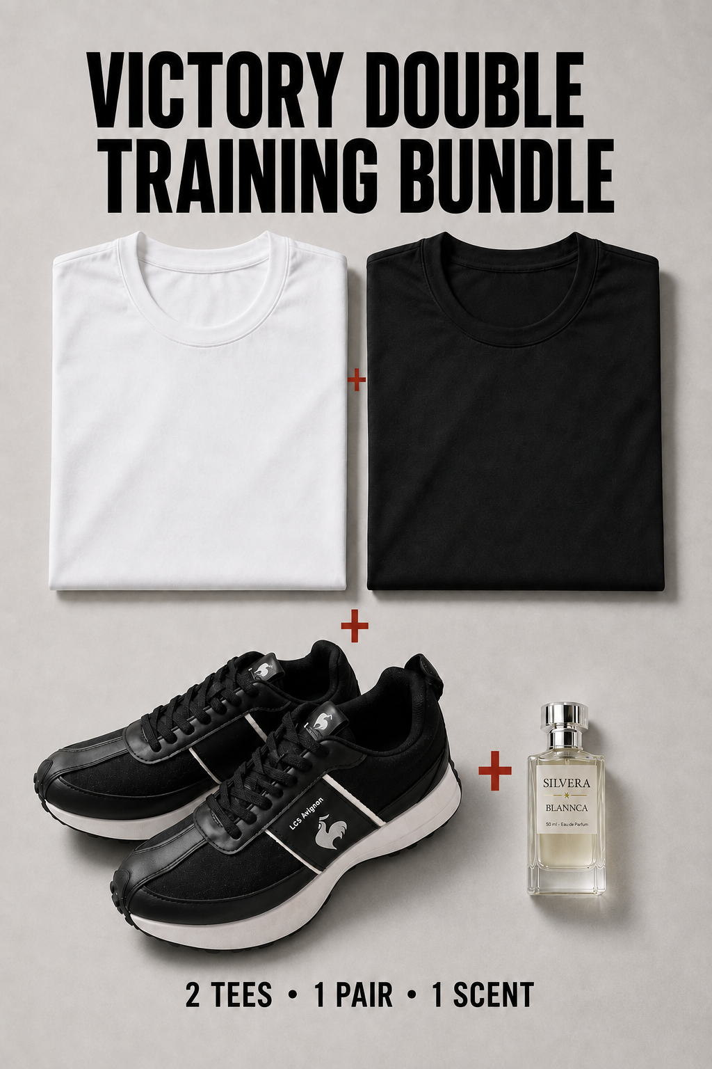 Victory Double Training Bundle with white and black Victory T-shirts, black Le Coq Sportif sneakers and Silvera perfume