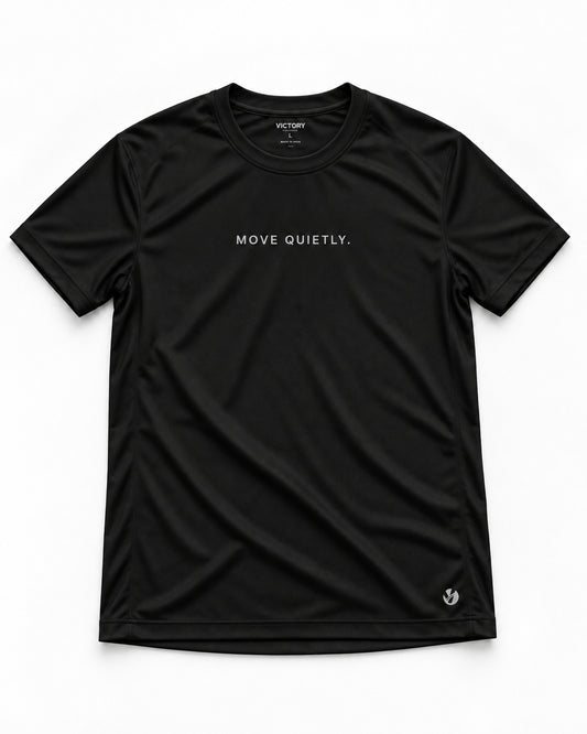 Victory Move Quietly black performance T-shirt front with clean standard shoulders and Victory neck branding