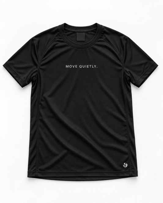 Victory Move Quietly black performance T-shirt front flat lay