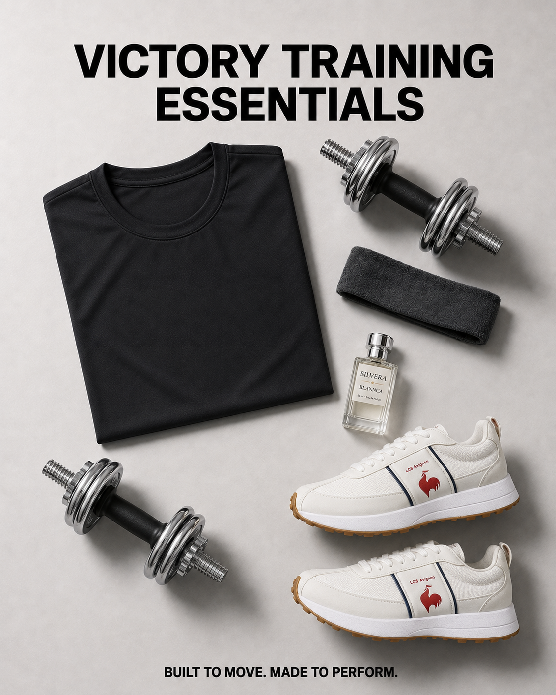 Victory Training Bundle with black Victory T-shirt, white Le Coq Sportif sneakers and Silvera perfume