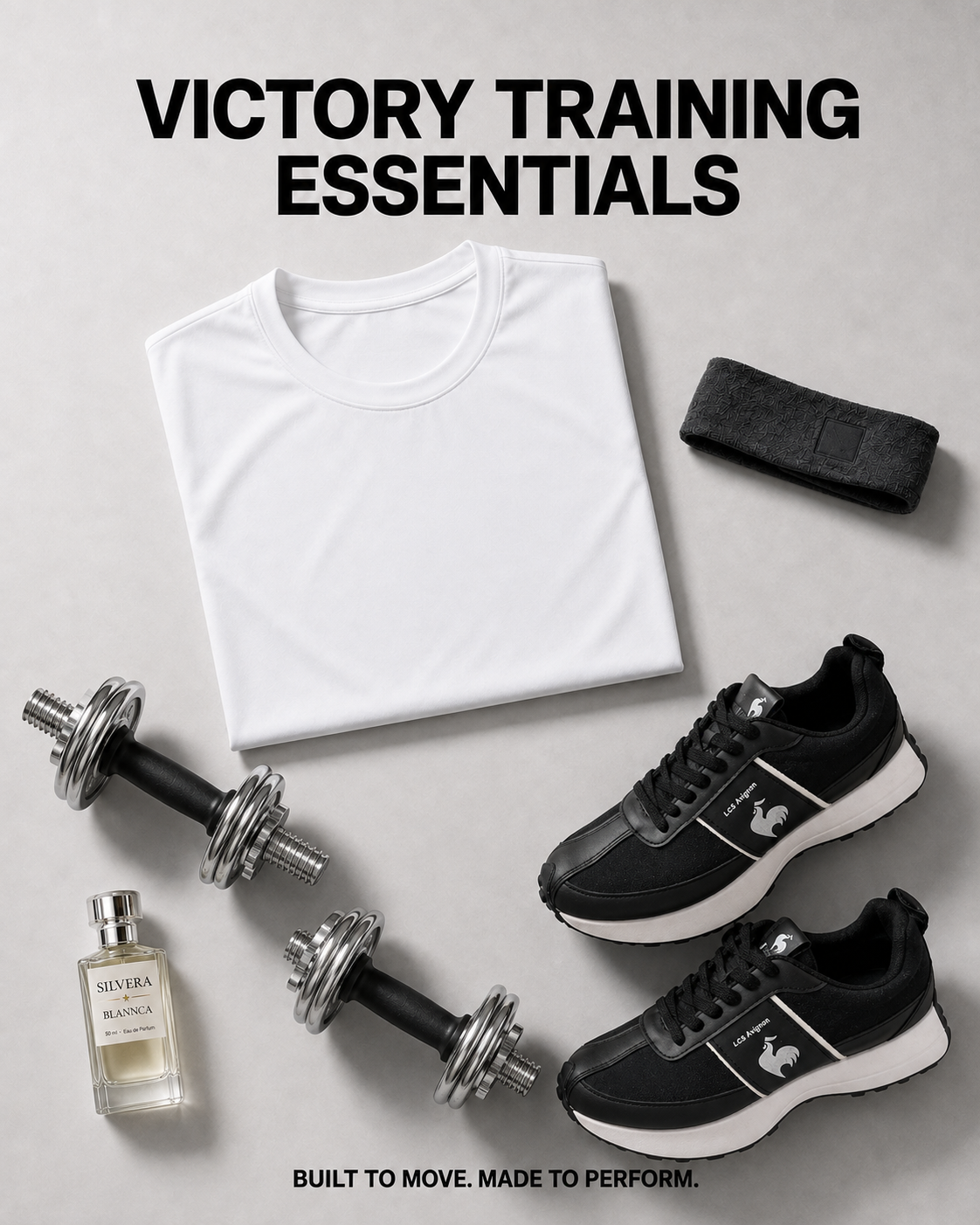 Victory Training Bundle with white Victory T-shirt, black Le Coq Sportif sneakers and Silvera perfume