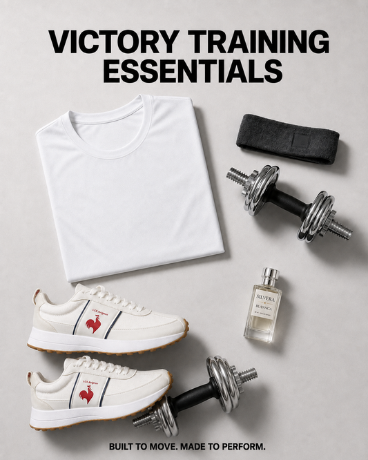 Victory Training Bundle with white Victory T-shirt, white Le Coq Sportif sneakers and Silvera perfume